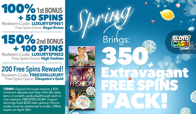 Get upto 350 Free Spins this April at Sloto Cash Casino