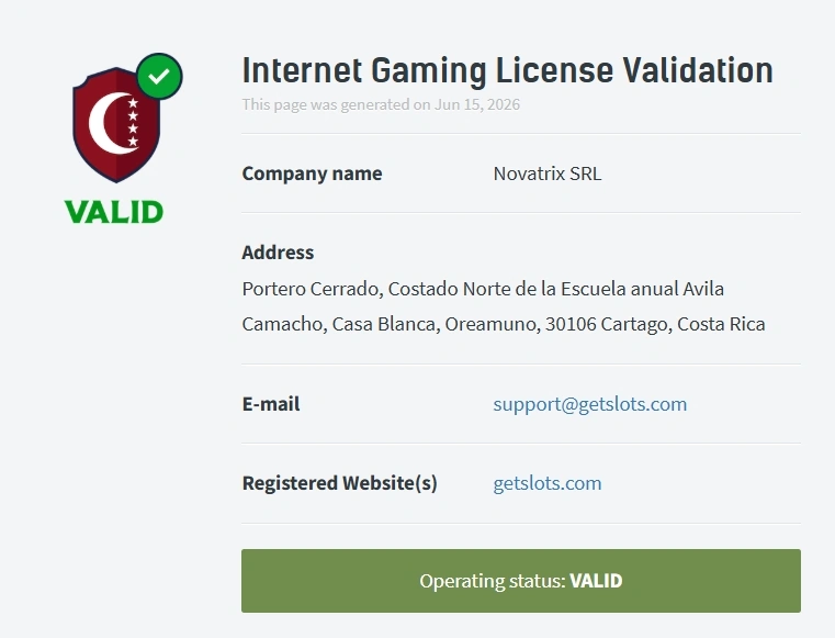 GetSlots Casino Curacao Licence Screenshot