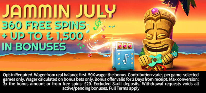 Promosi Juli Jammin di Kasino Schmitts: Bonus senilai £1.500 + 360 Putaran Gratis