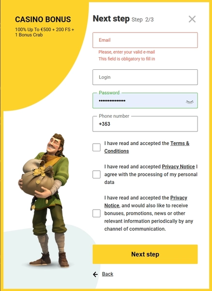 ZetCasino Registration Screenshot