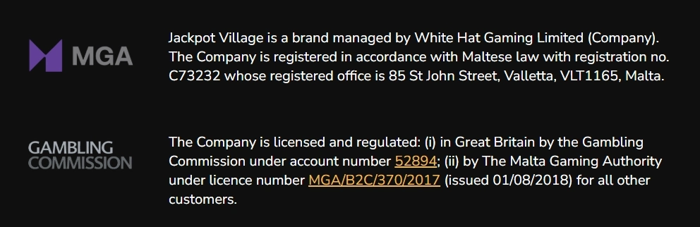 Screenshot Of Jackpot Village Casino Licences - MGA and UKGC